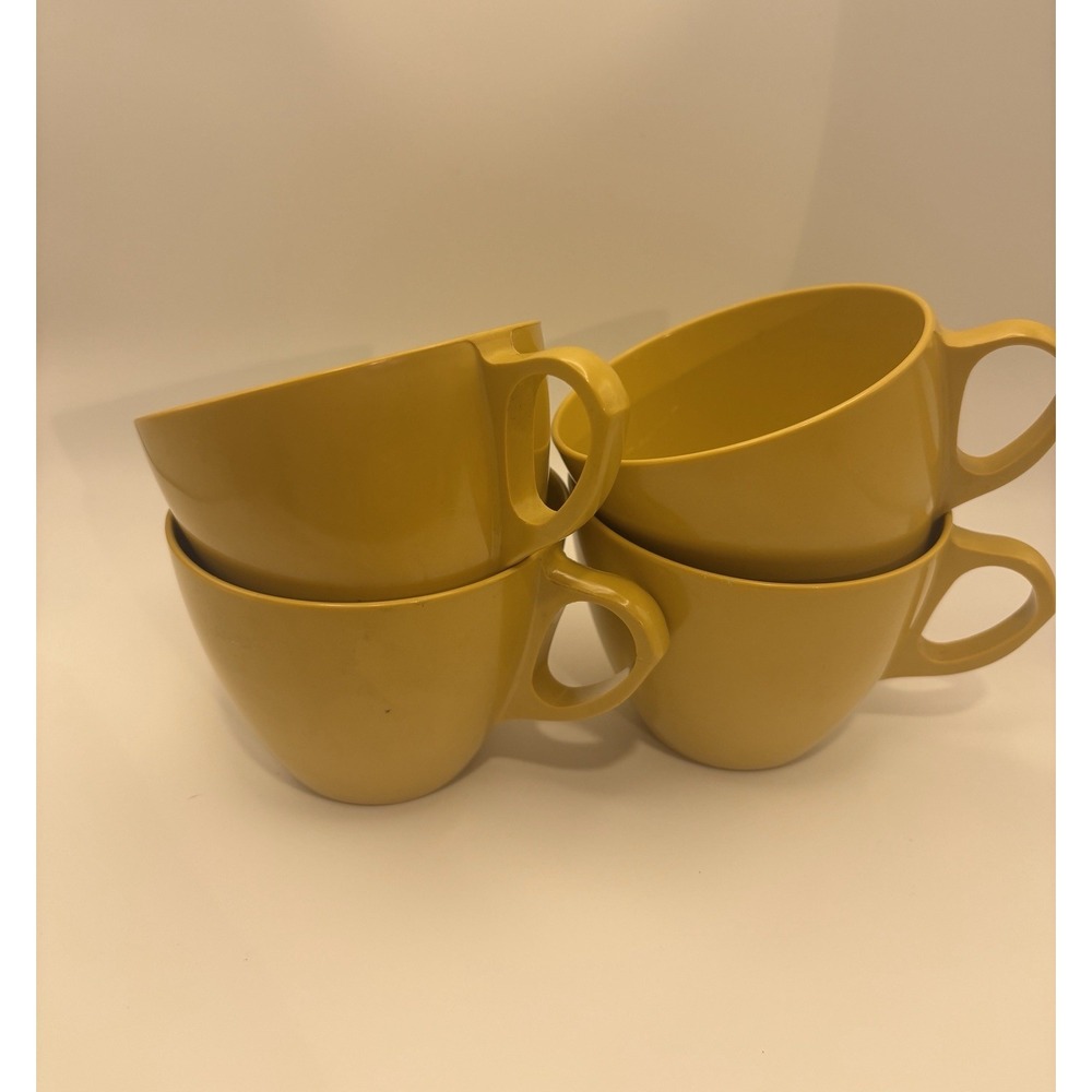 Vintage Allied Chemical Melmac Melamine Mustard Yellow Coffee Cups Mugs Set4 MCM - Picture 6 of 6